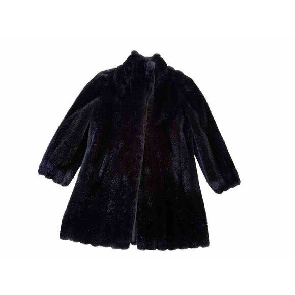 Vintage Womens Coat Faux Fur Mid Length Scalloped Edge Large Pocketed Black - Picture 1 of 10